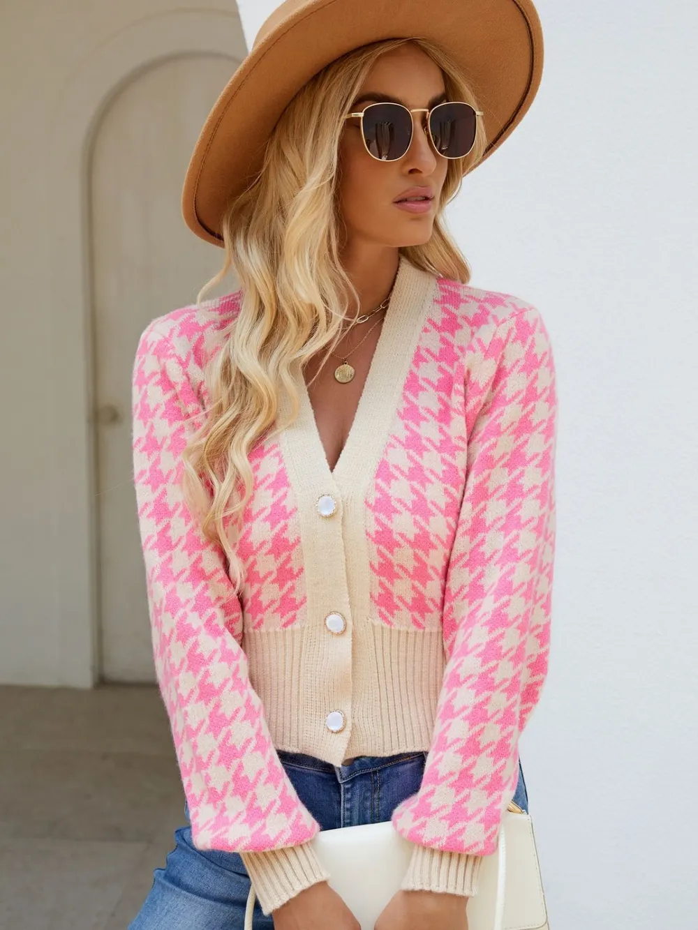 Houndstooth Button Up Long Sleeve Cardigan, image 7
