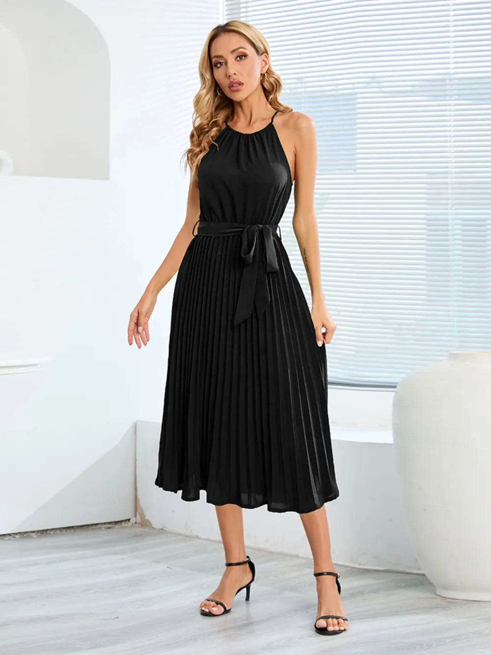 Pleated Spaghetti Strap Tie Waist Midi Dress, image 14