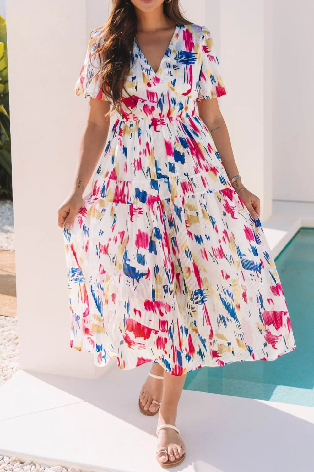 Abstract Print Short Puff Sleeve Tiered Maxi Dress, image 14