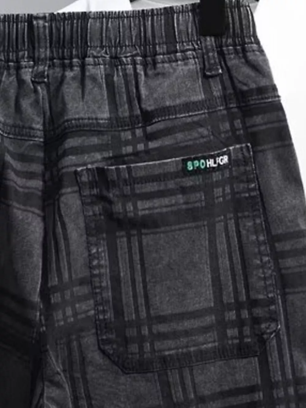 Men's Plus Size Plaid Pattern Elastic Waist Denim Shorts, image 3