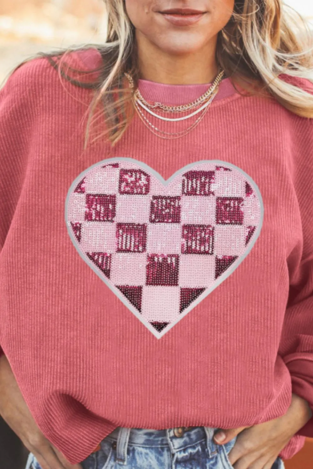 Valentine’s Day Sequin Checkered Heart Long Sleeve Sweatshirt, image 5