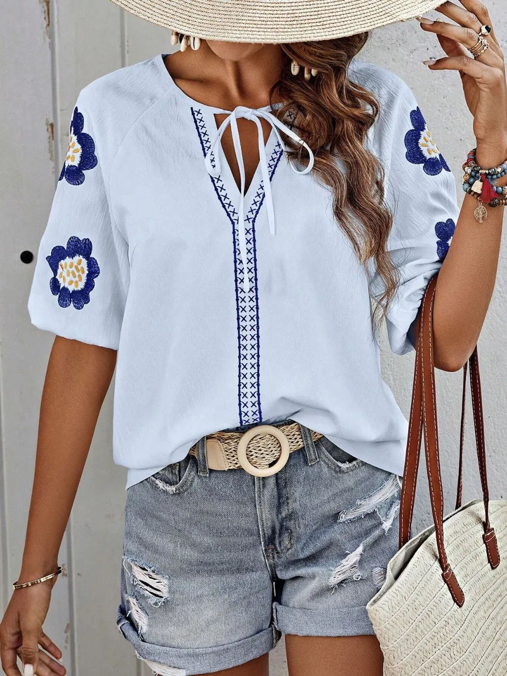 Embroidered Tie Neck Puff Sleeve Blouse, image 7