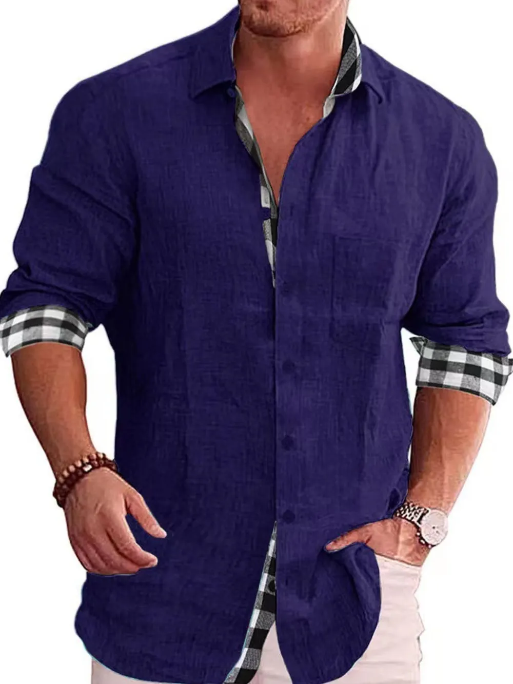 Men's Full Size Casual Linen Plaid-Trim Button Down Shirt Plus Size, image 10