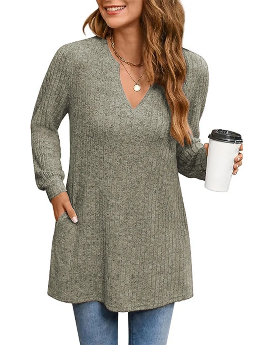 Ribbed Notched Long Sleeve T-Shirt, image 20