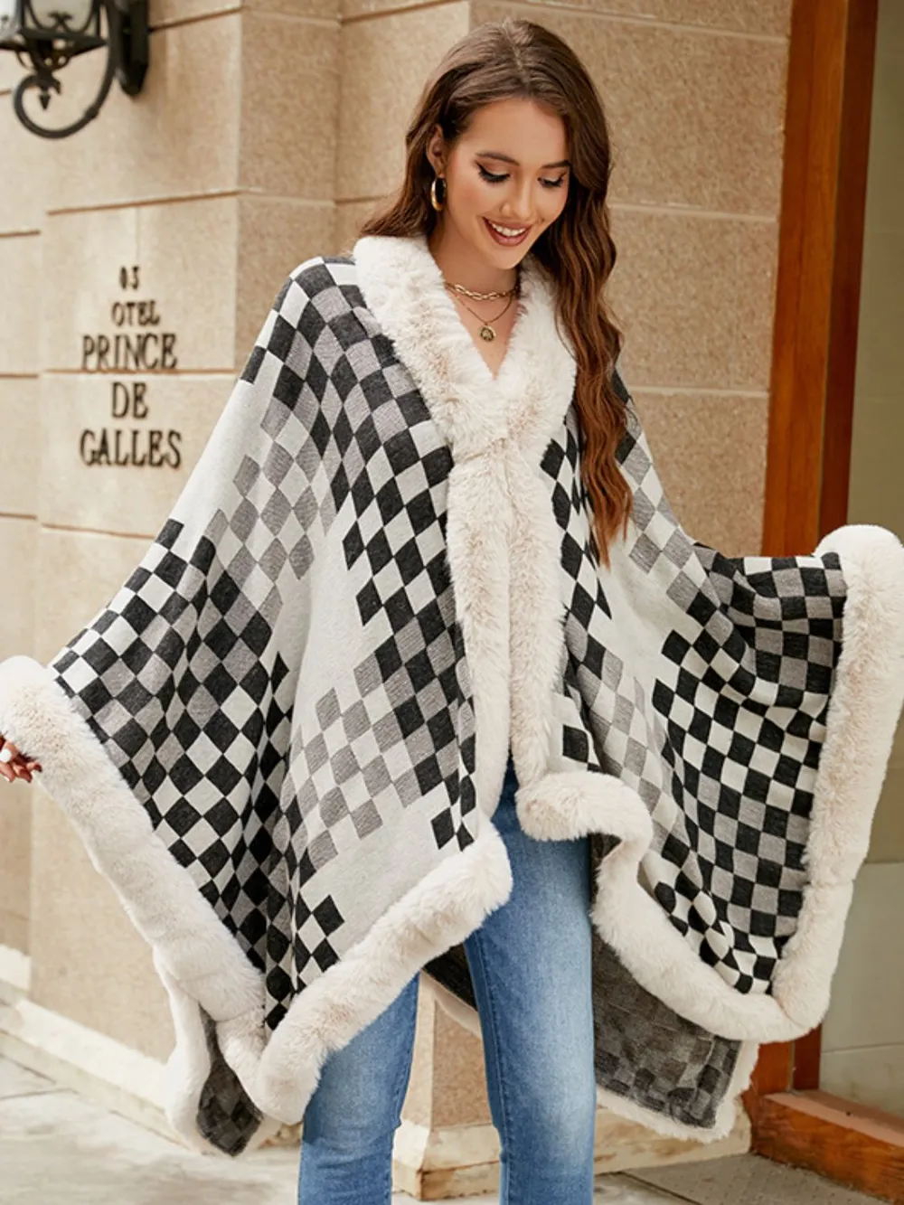 Fuzzy Checkered Long Sleeve Poncho, image 3
