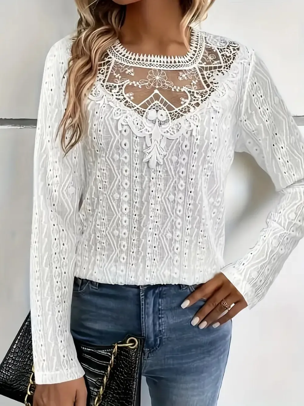 Lace Eyelet Long Sleeve Top, image 2