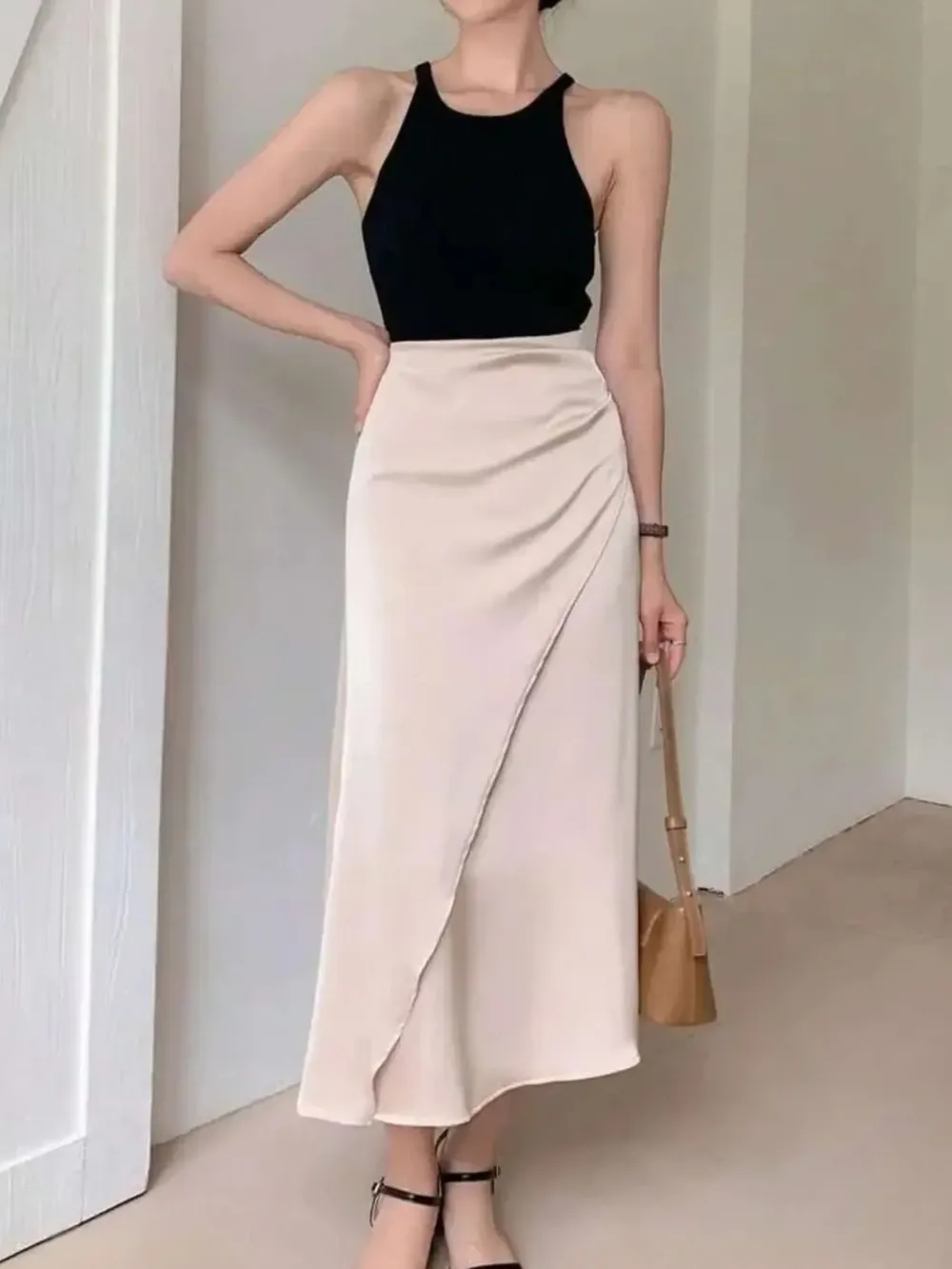 Asymmetric Wrap Midi Skirt with Fluted Hem, image 3