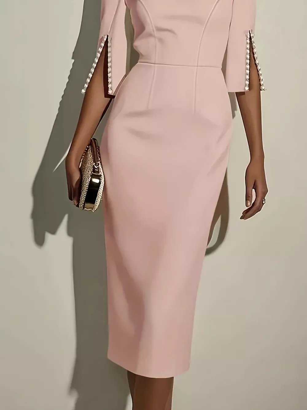 Slim-Fit Elegant Midi Dress with Beaded Slit Sleeve, image 5
