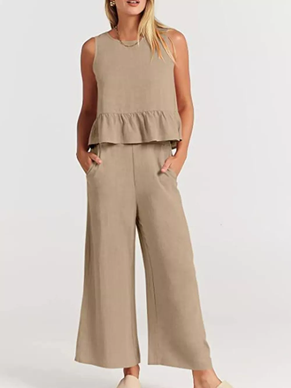 Full Size Ruffled Hem Sleeveless Top and Wide-Leg Pants Set Plus Size, image 19