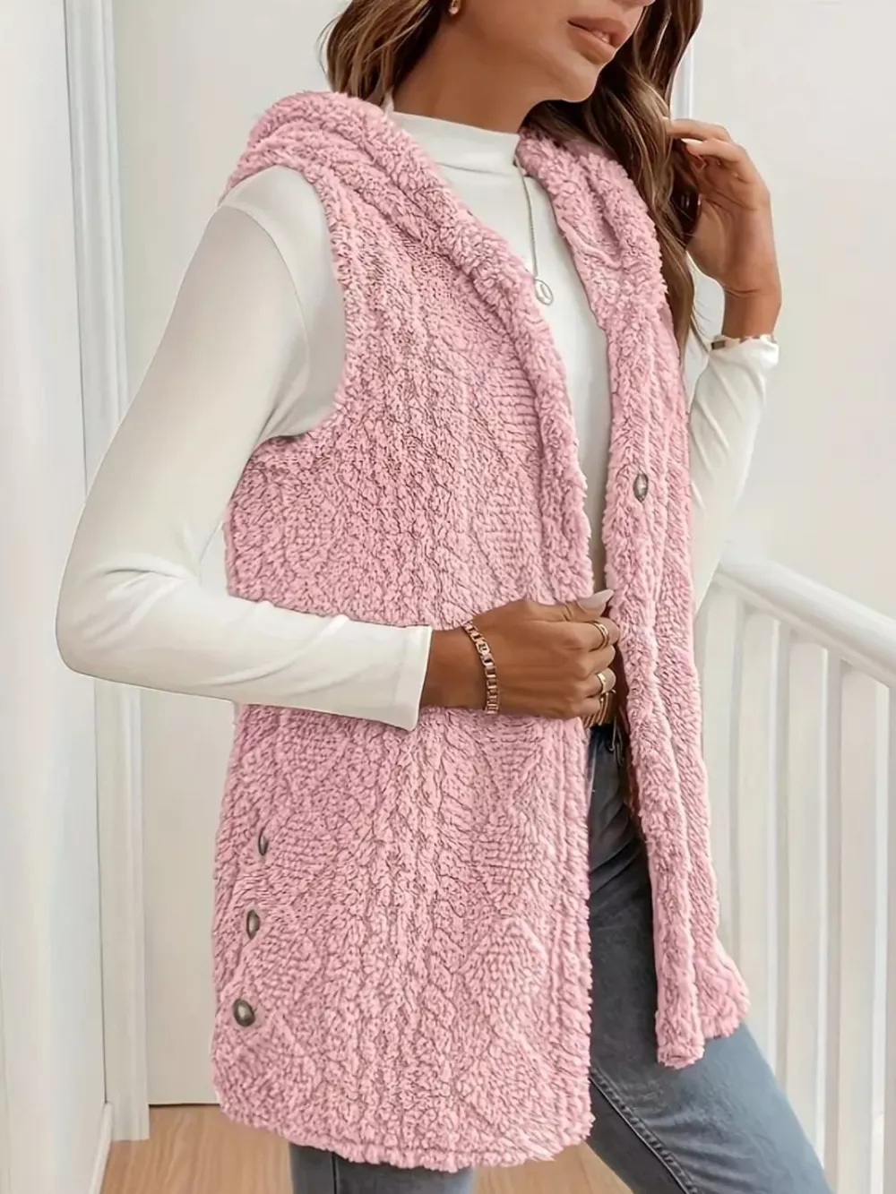 Button-Down Sherpa Hooded Vest Coat, image 15