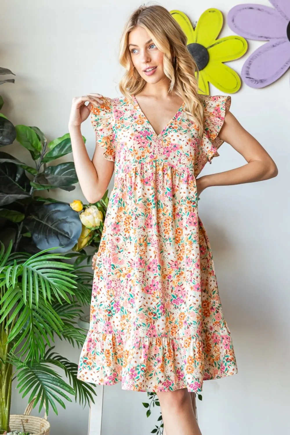 Full Size Floral Ruffled V-Neck Dress, image 3