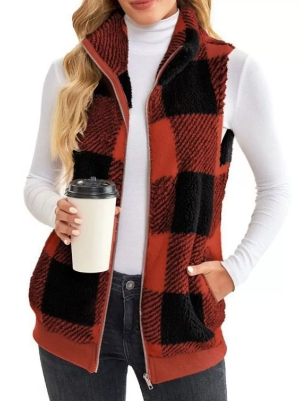 Full Size Color Block Zip Up Vest Coat Plus Size, image 10