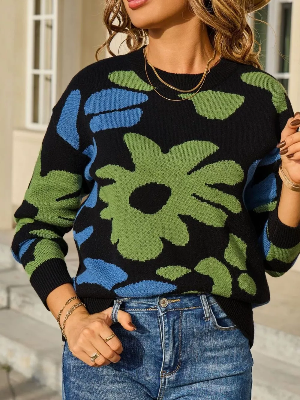 Floral Crew Neck Long Sleeve Sweater, image 7