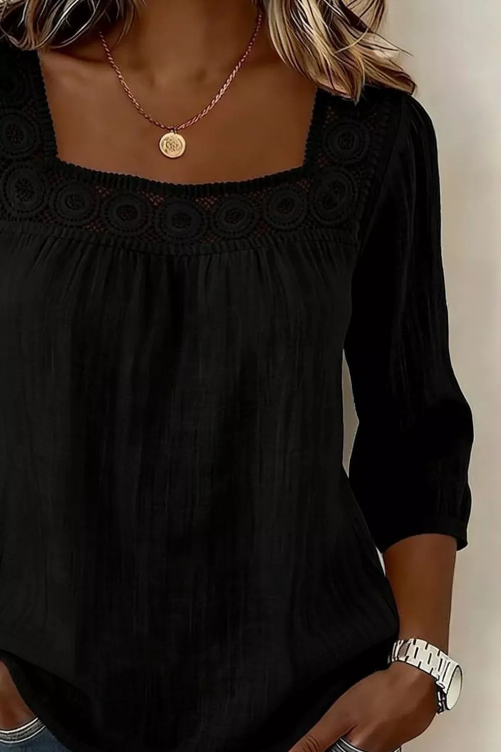 Crochet Trim Square Neck Blouse, image 6