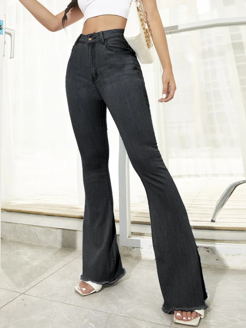 Raw Hem High Waist Flare Jeans, image 3
