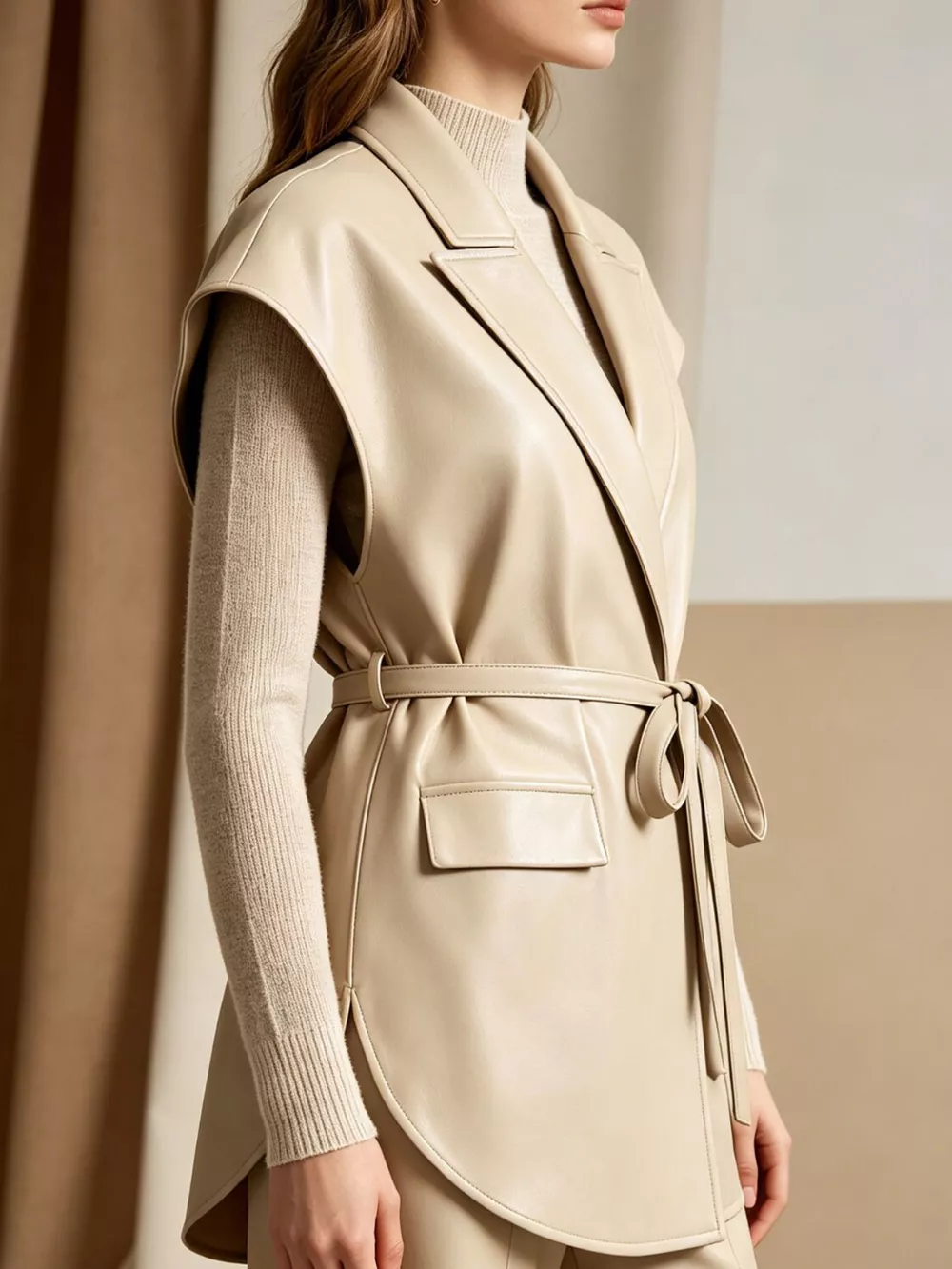 Sleek Faux Leather Belted Vest Coat, image 7