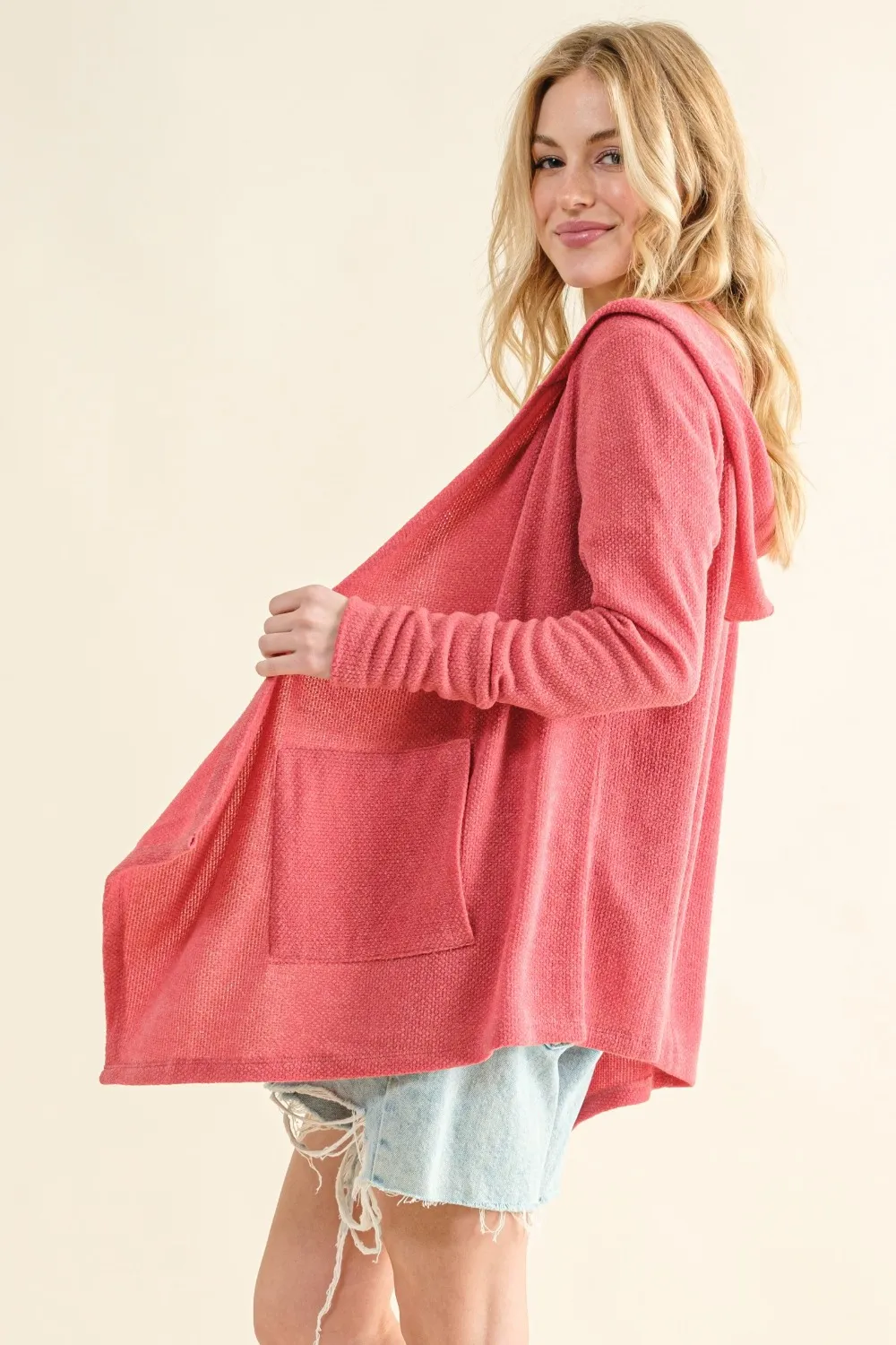 Full Size Thermal Hooded Open Front Cardigan with Pockets, image 3