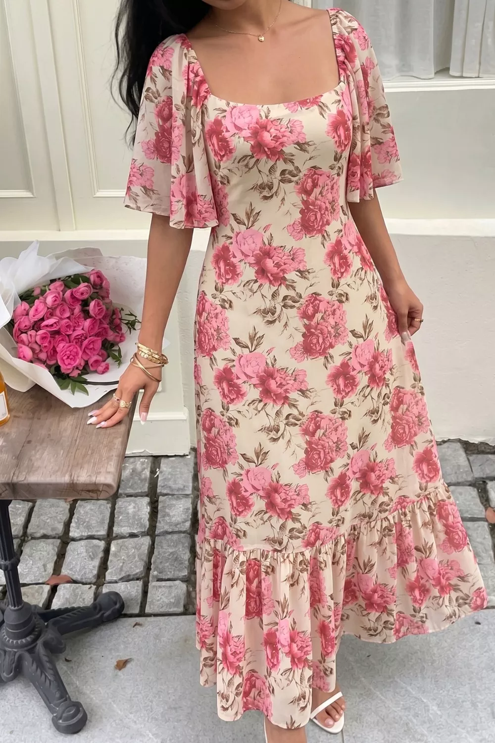 Floral Print Ruffle Hem Flutter Sleeve Dress, image 4