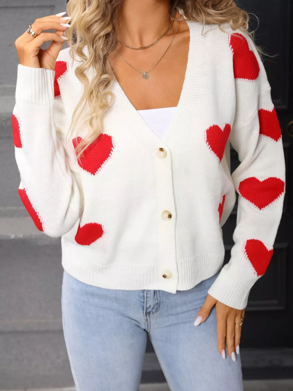 Valentine's Day Heart Pattern Button-Up Knit Cardigan, image 3