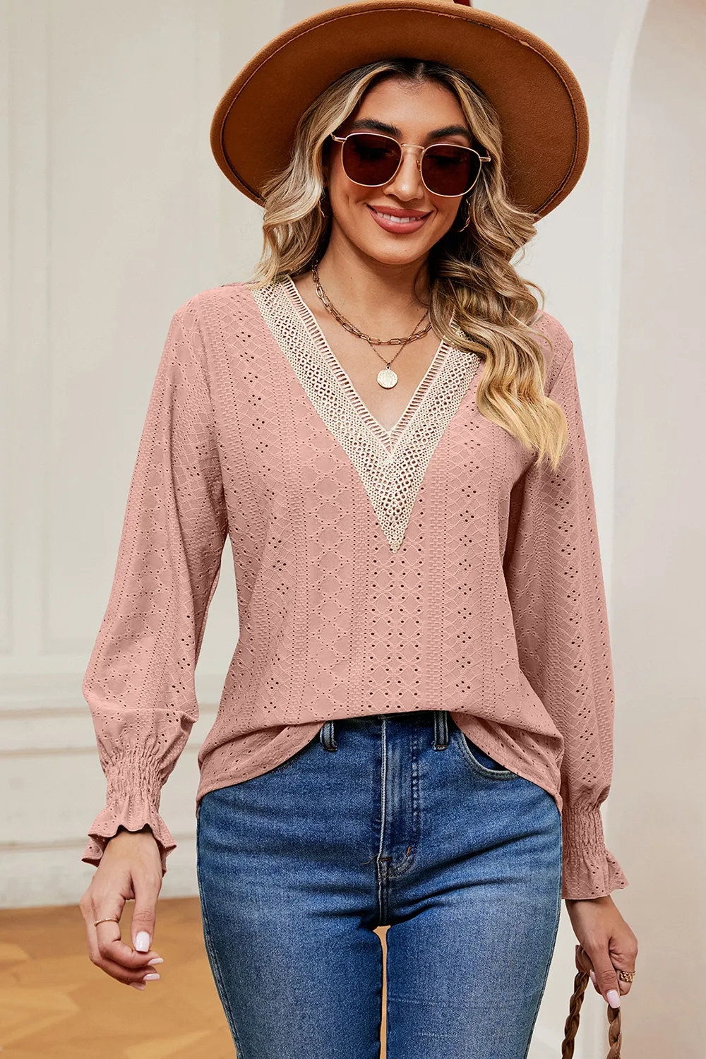 Eyelet V-Neck Flounce Sleeve T-Shirt, image 14