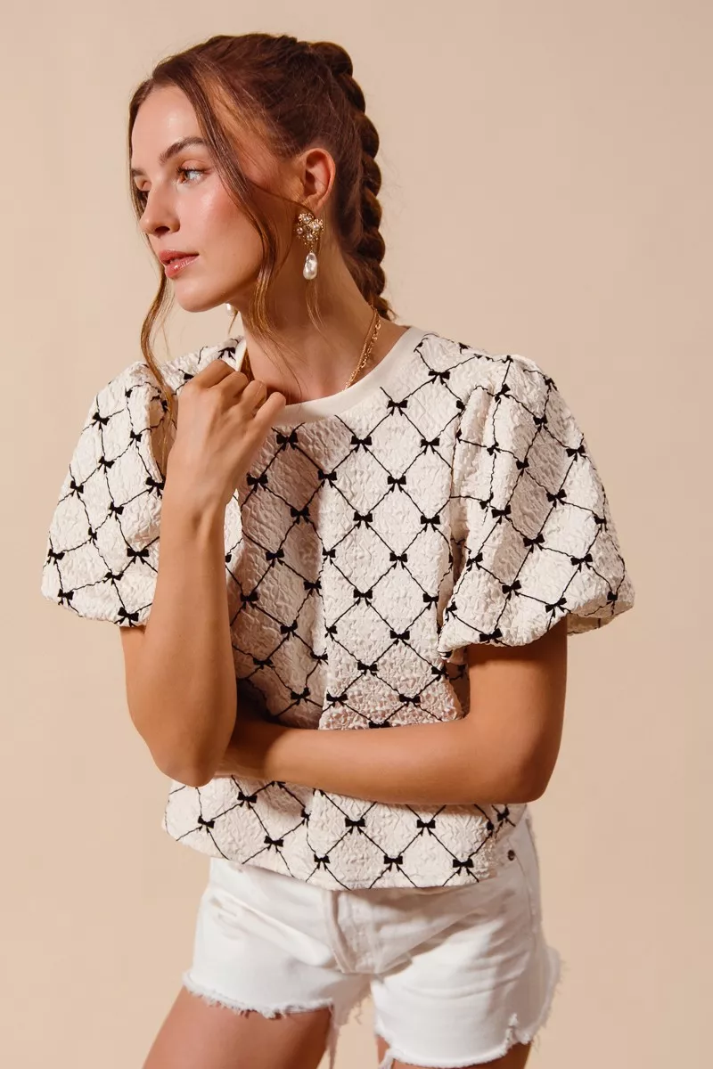 Bow Texture Woven Bubble Sleeve Top, image 9