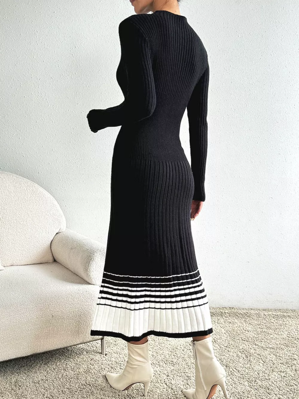 Ribbed Knit Sweater Dress with Striped Hem, image 8