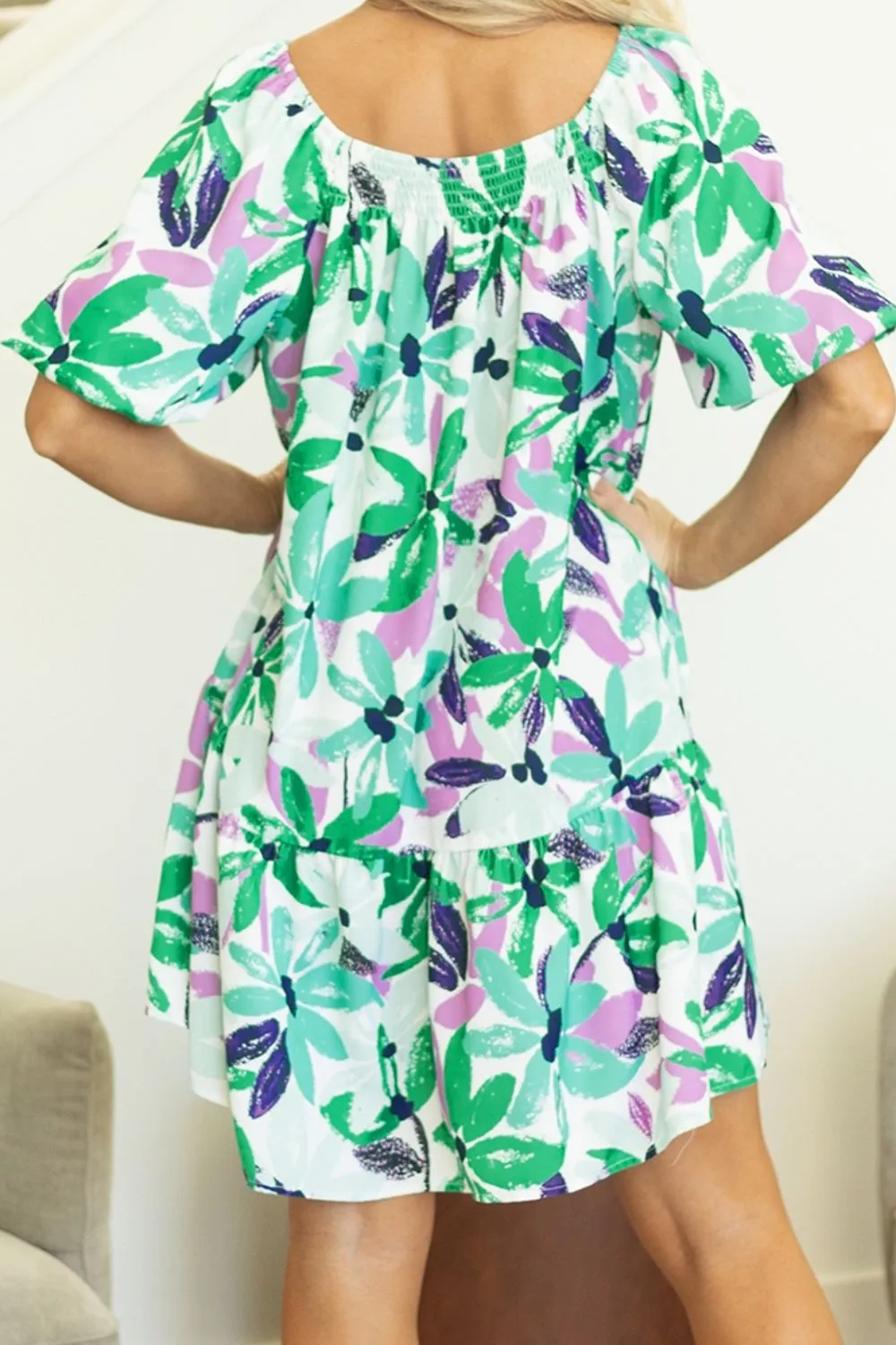 Floral Print Shirred Square Neck Loose Fit Mini Dress, image 10
