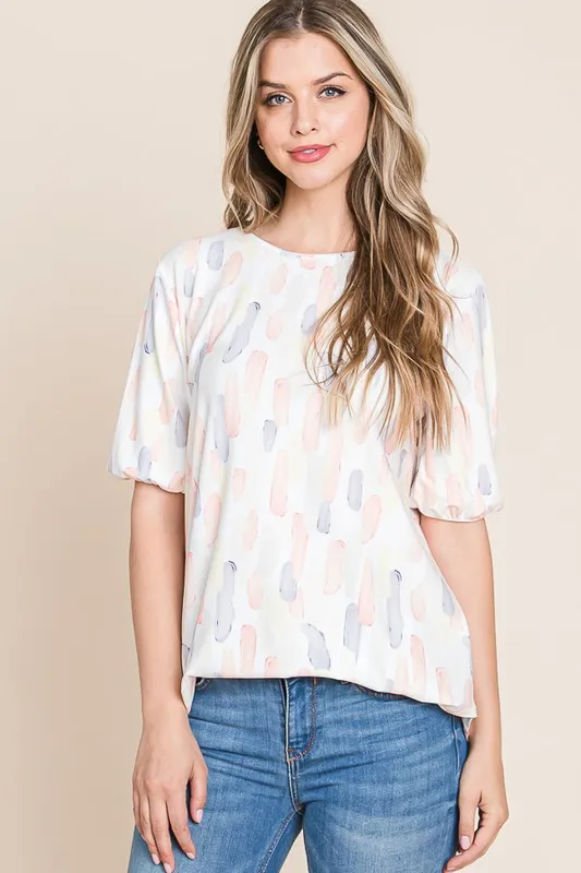 Round Neck Puff Short Sleeve Blouse, image 3