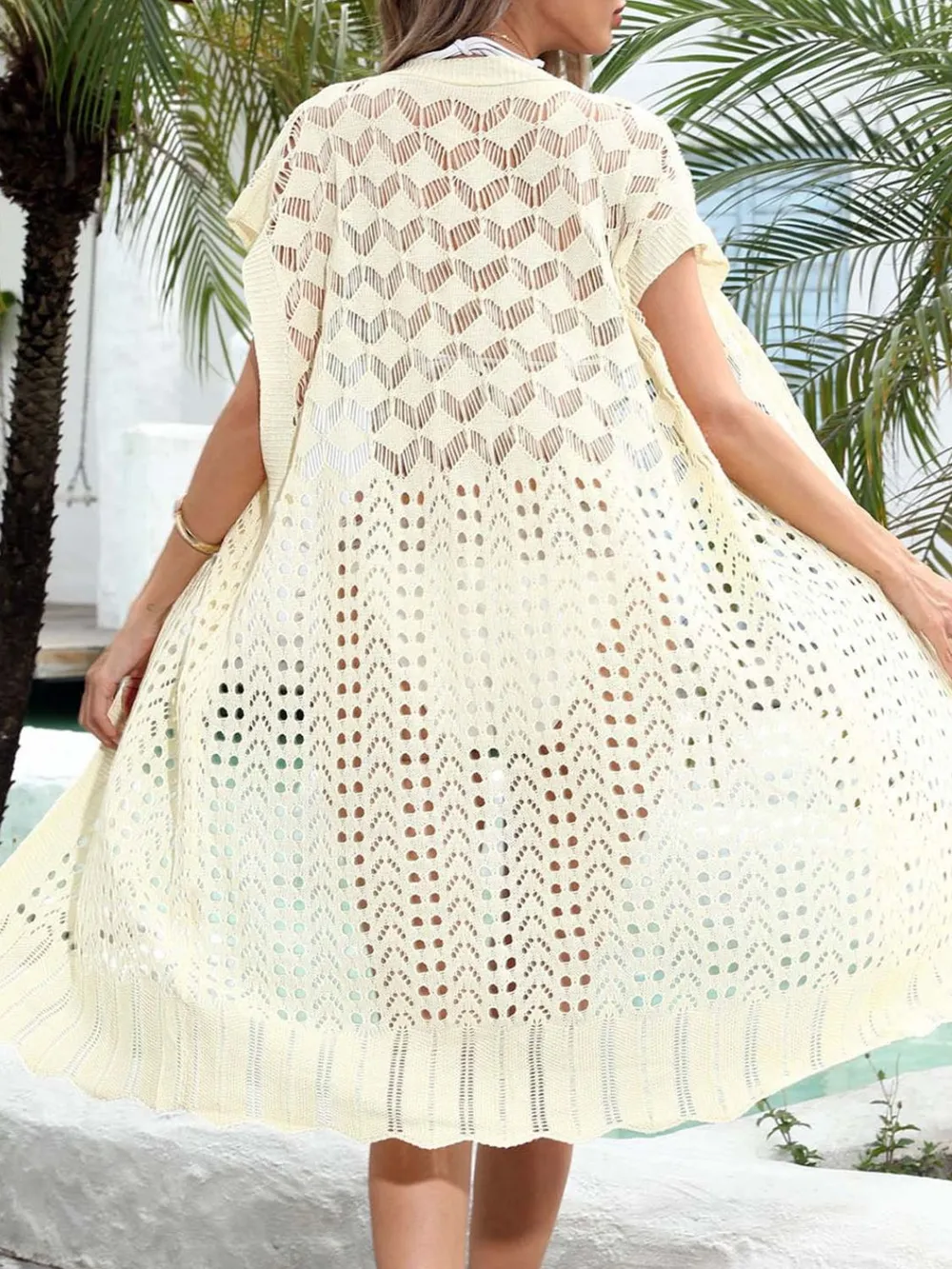 Open Front Short Sleeve Openwork Cover-Up, image 3