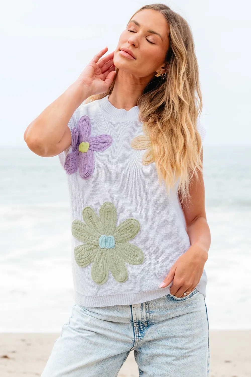 Crochet Flower Round Neck Sweater Vest, image 7