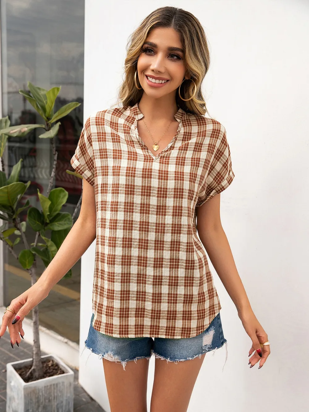 Plaid Notched Short Sleeve Blouse, image 3