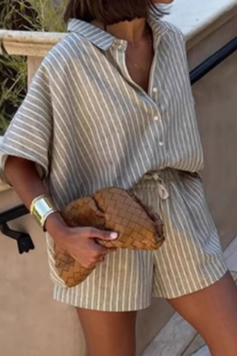 Striped Linen Shirt and Shorts Two-Piece Summer Set, image 3