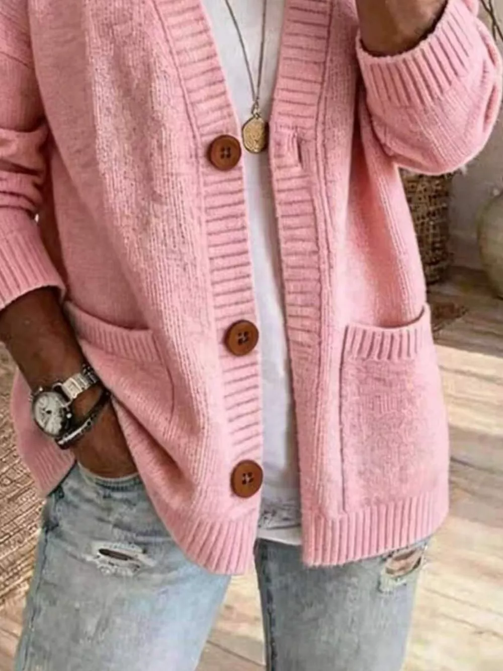Casual V-Neck Button-Down Knit Cardigan with Pockets, image 10