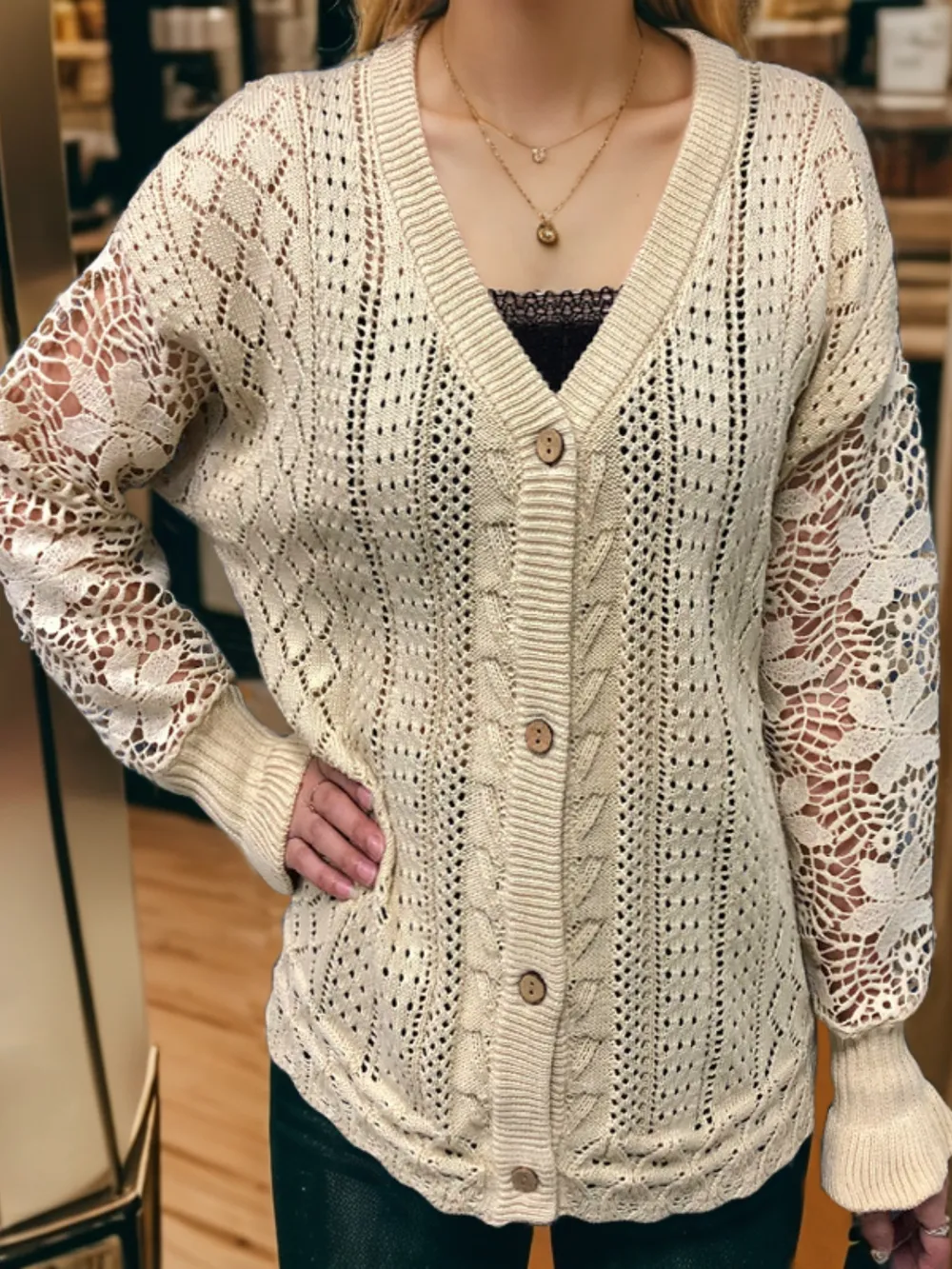 Eyelet Button Up Lantern Sleeve Cardigan, image 6