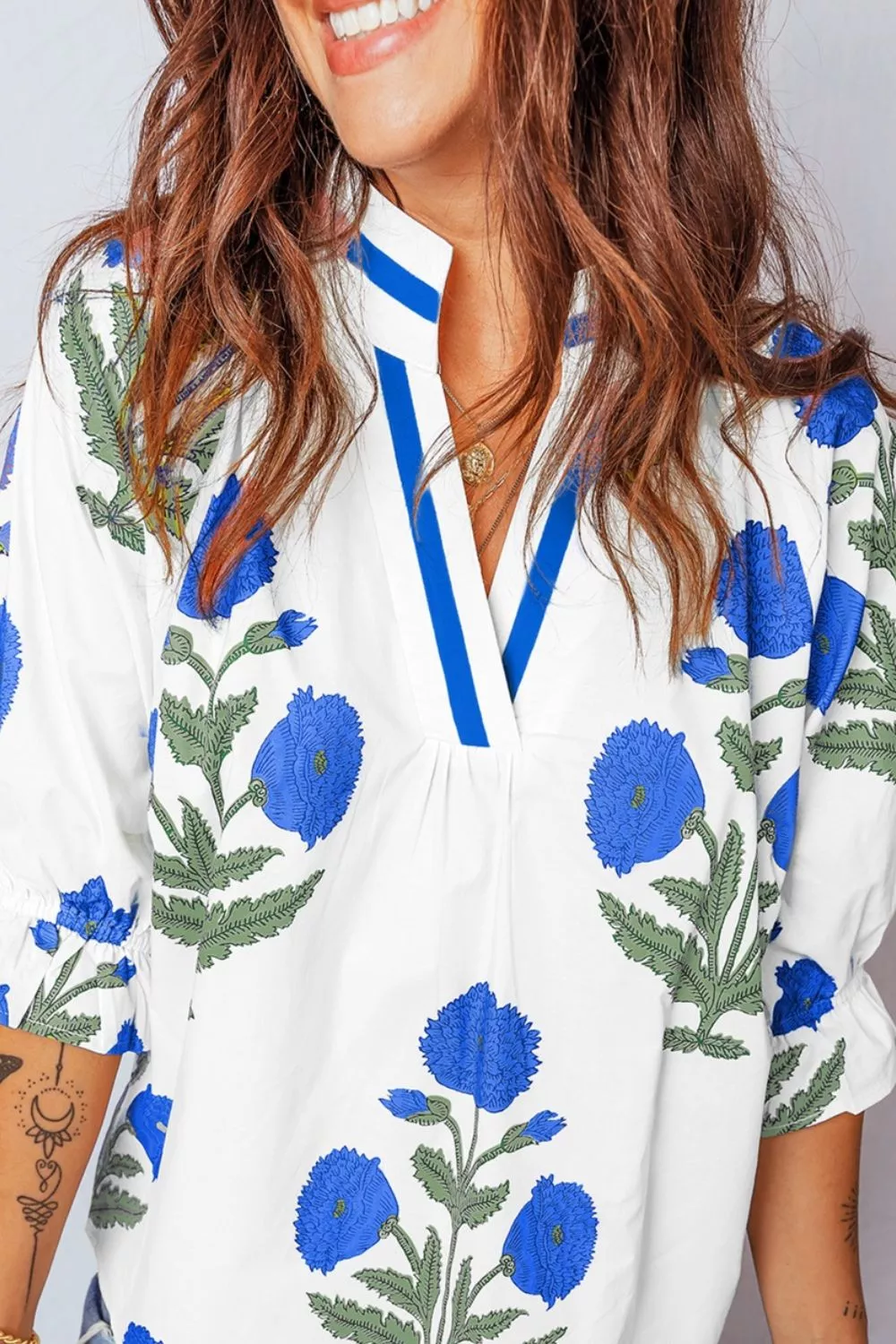 Floral Print Notched Ruffled Sleeve Blouse, image 12