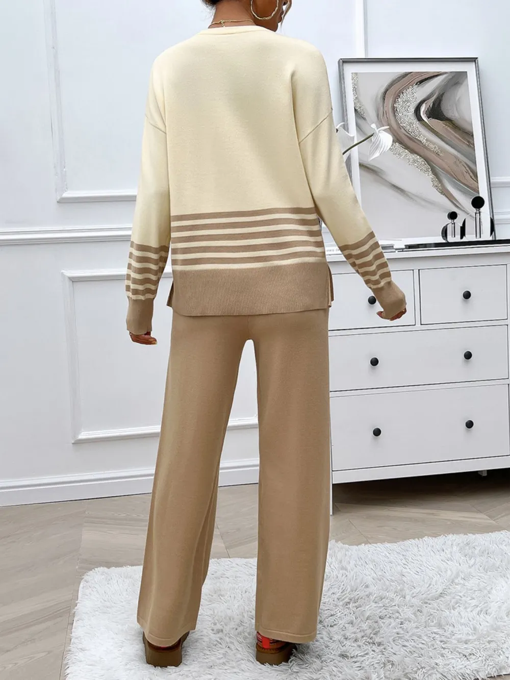 Slit Striped Round Neck Top and Pants Sweater Set, image 10