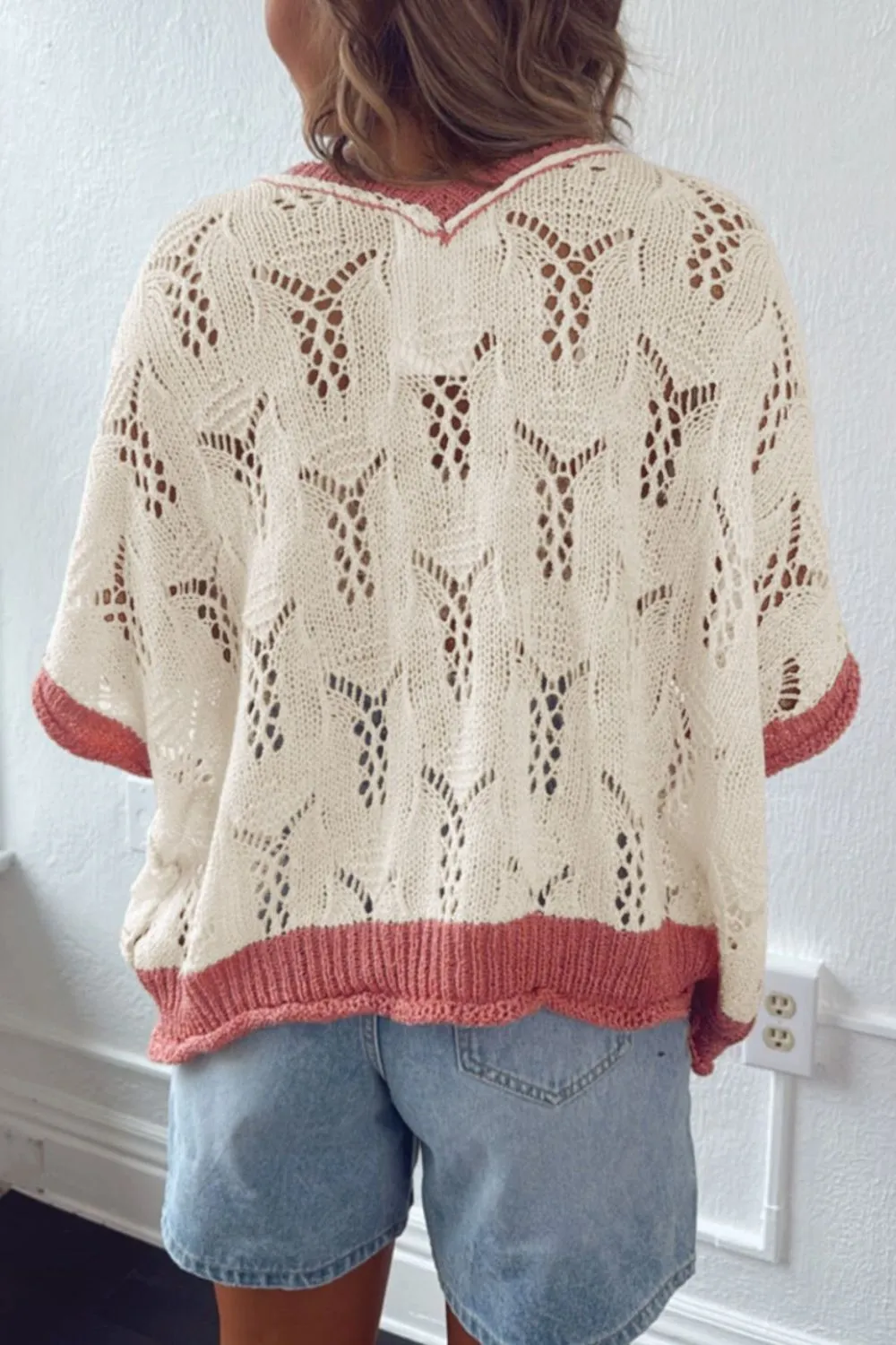 Openwork Flower Half Sleeve Knit Top, image 2