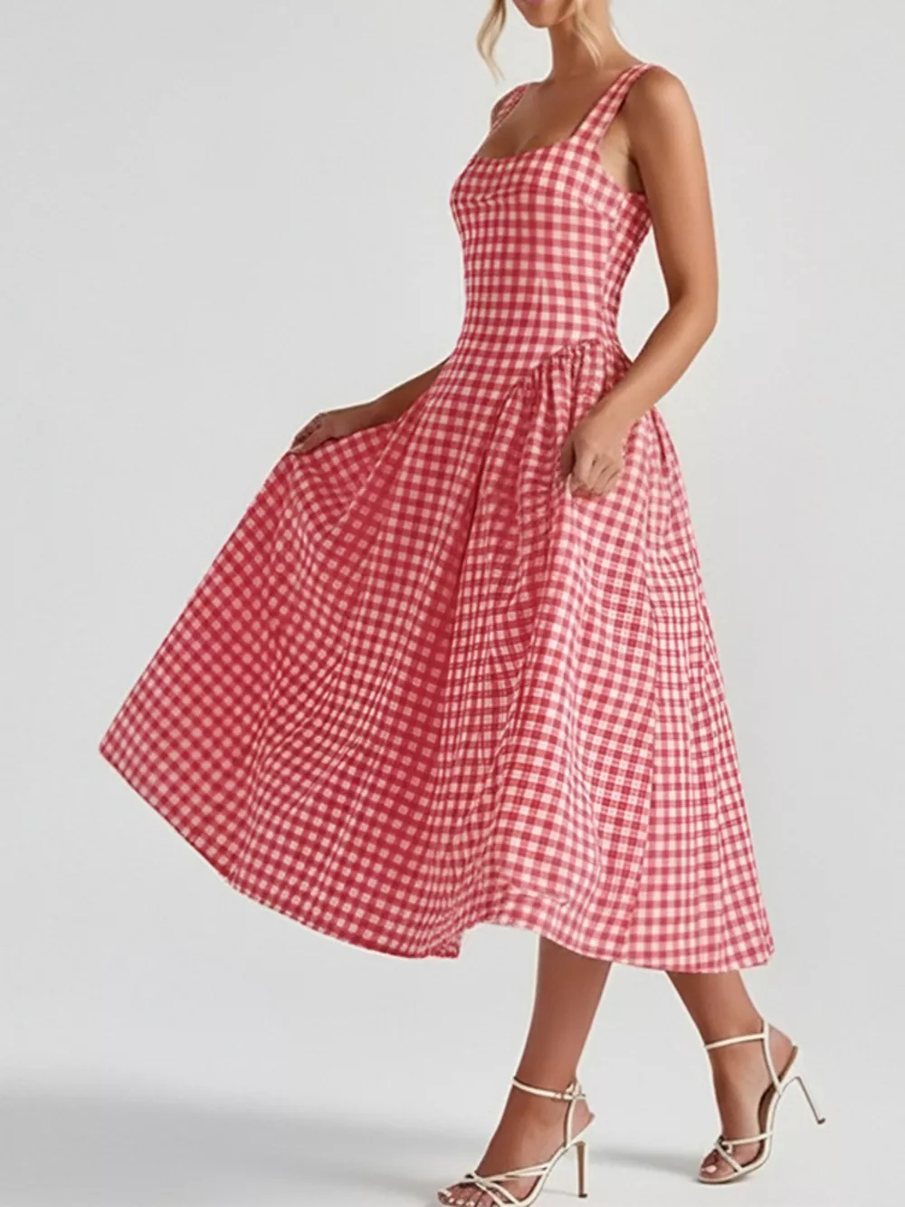 Full Size Plaid Square Neckline Midi Dress Plus Size, image 12