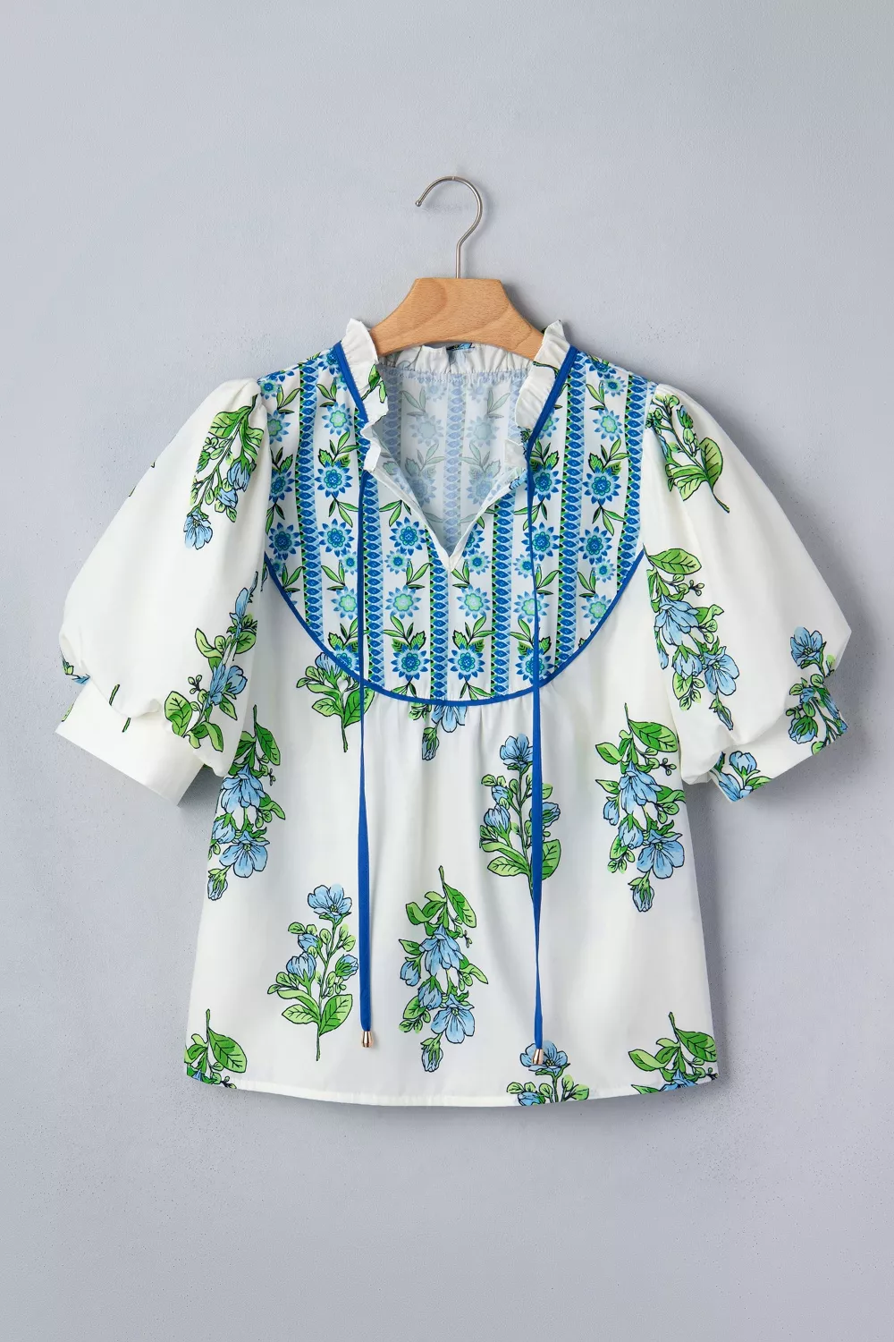 Floral Print Contrast Trim Tie Neck Blouse, image 4