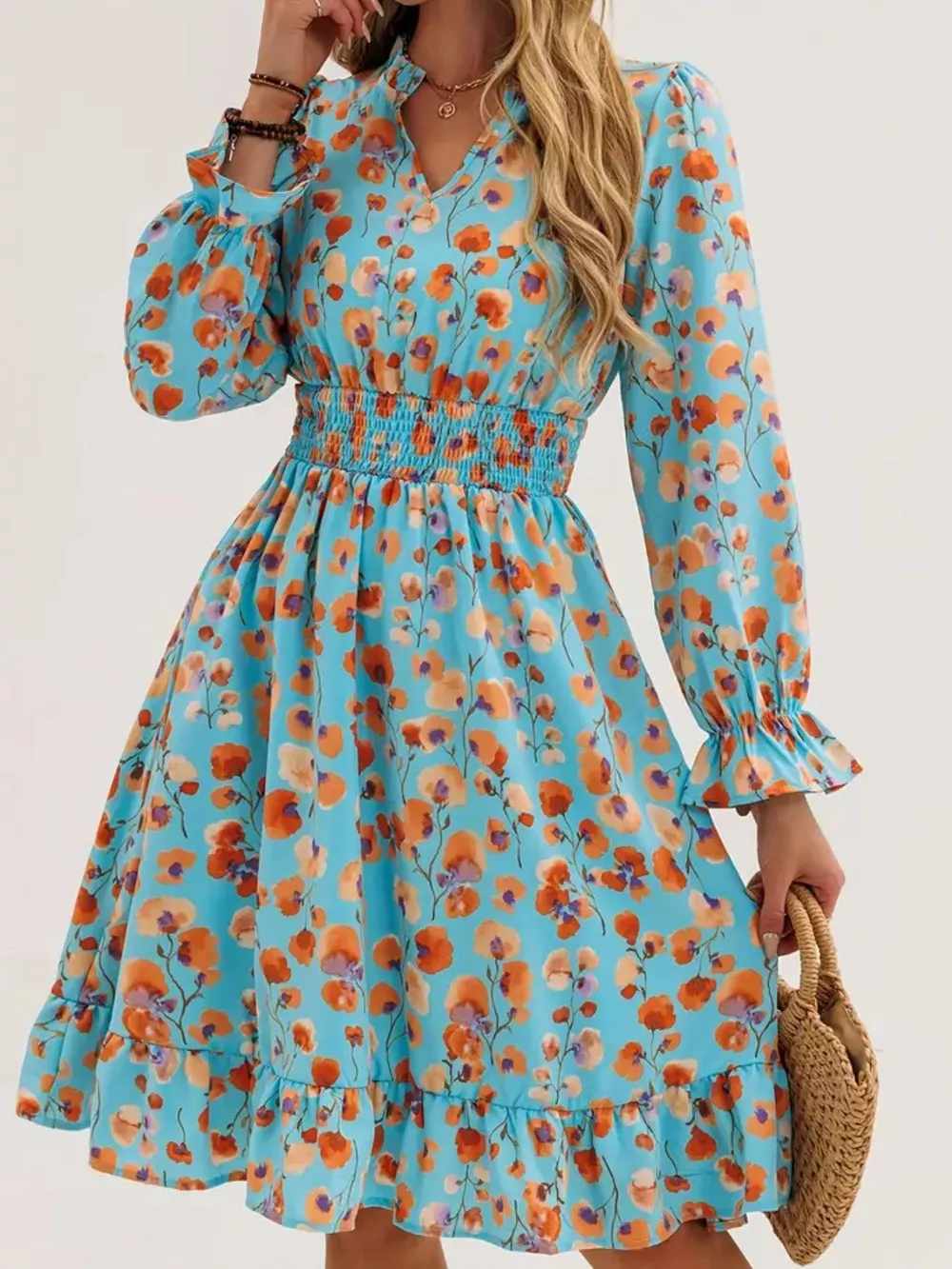 Floral Notched Flounce Sleeve Dress, image 14