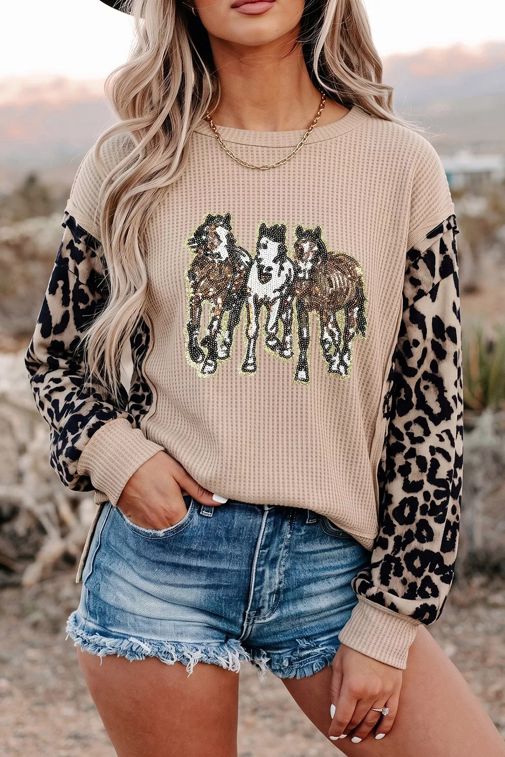 Sequined Western Horse Graphic Leopard Sleeve Patchwork Waffle Knit Top, image 4