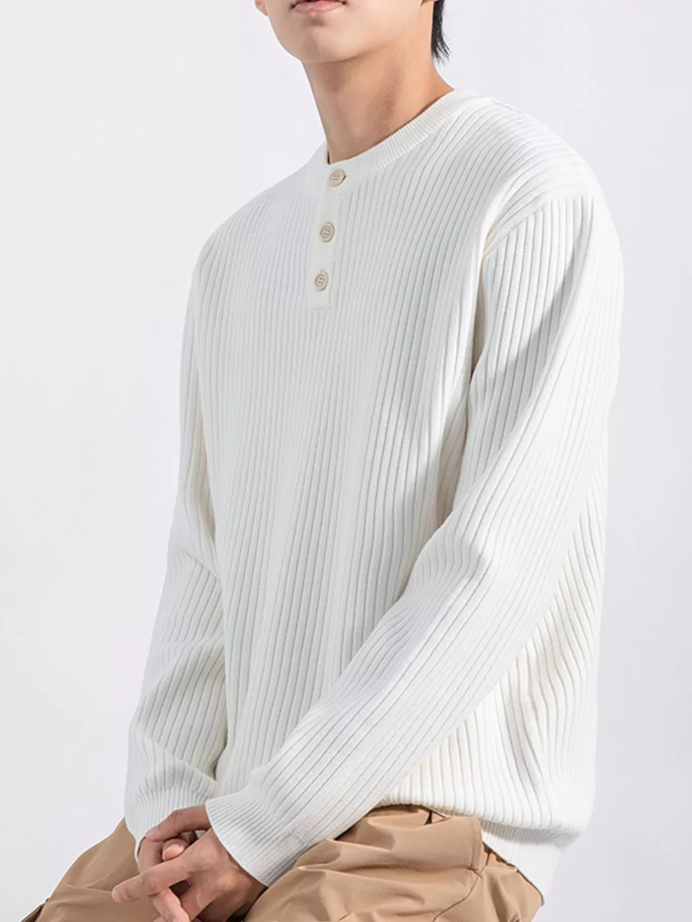 Men's Plus Size Ribbed Button Detail Knit Top, image 14