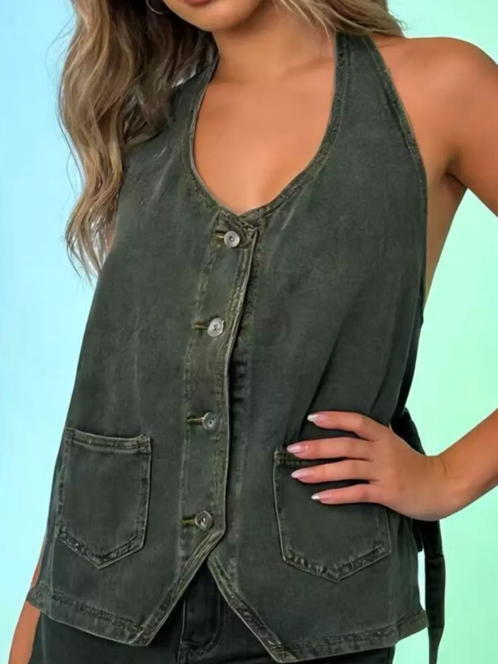 Halter Neck Button-Down Denim Vest, image 10