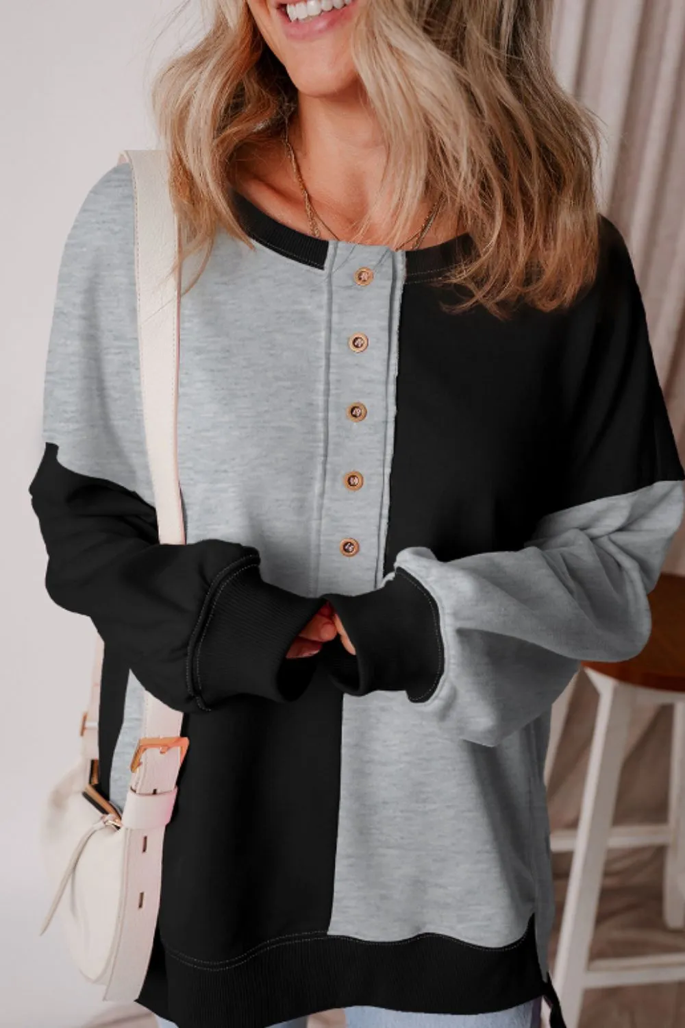 Color Block Half Button Long Sleeve Sweatshirt, image 17