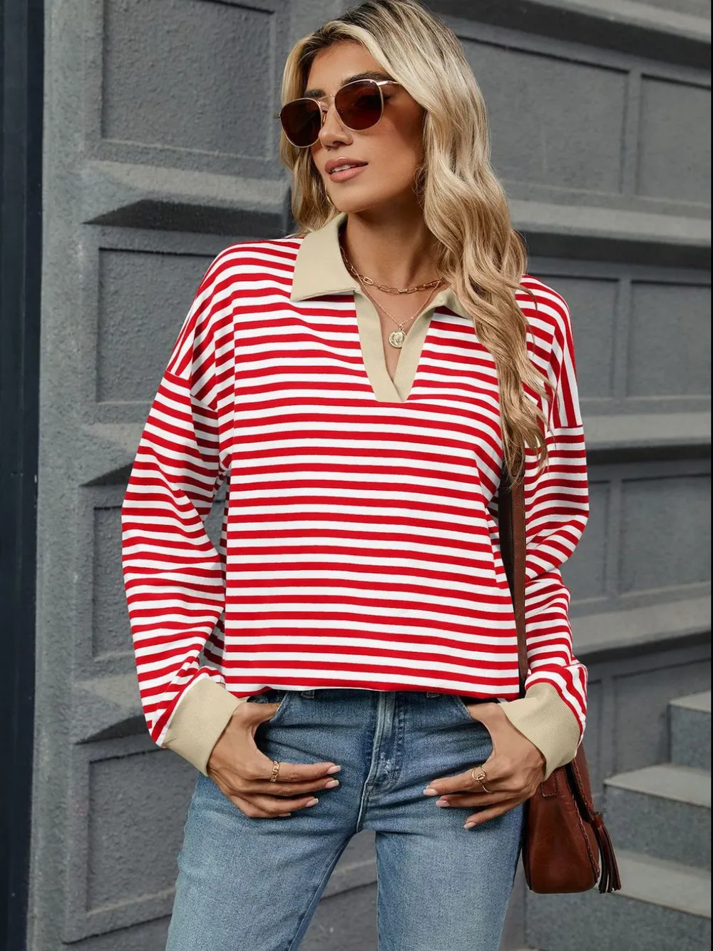 Striped Johnny Collar Long Sleeve Sweatshirt, image 4