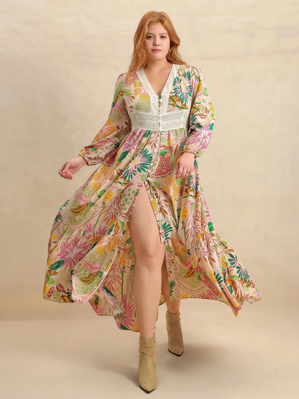 Plus Size Lace Detail Printed V-Neck Balloon Sleeve Dress, image 5