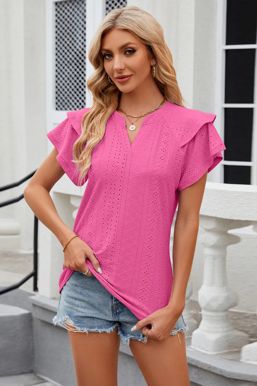 Eyelet Notched Short Sleeve T-Shirt, image 4