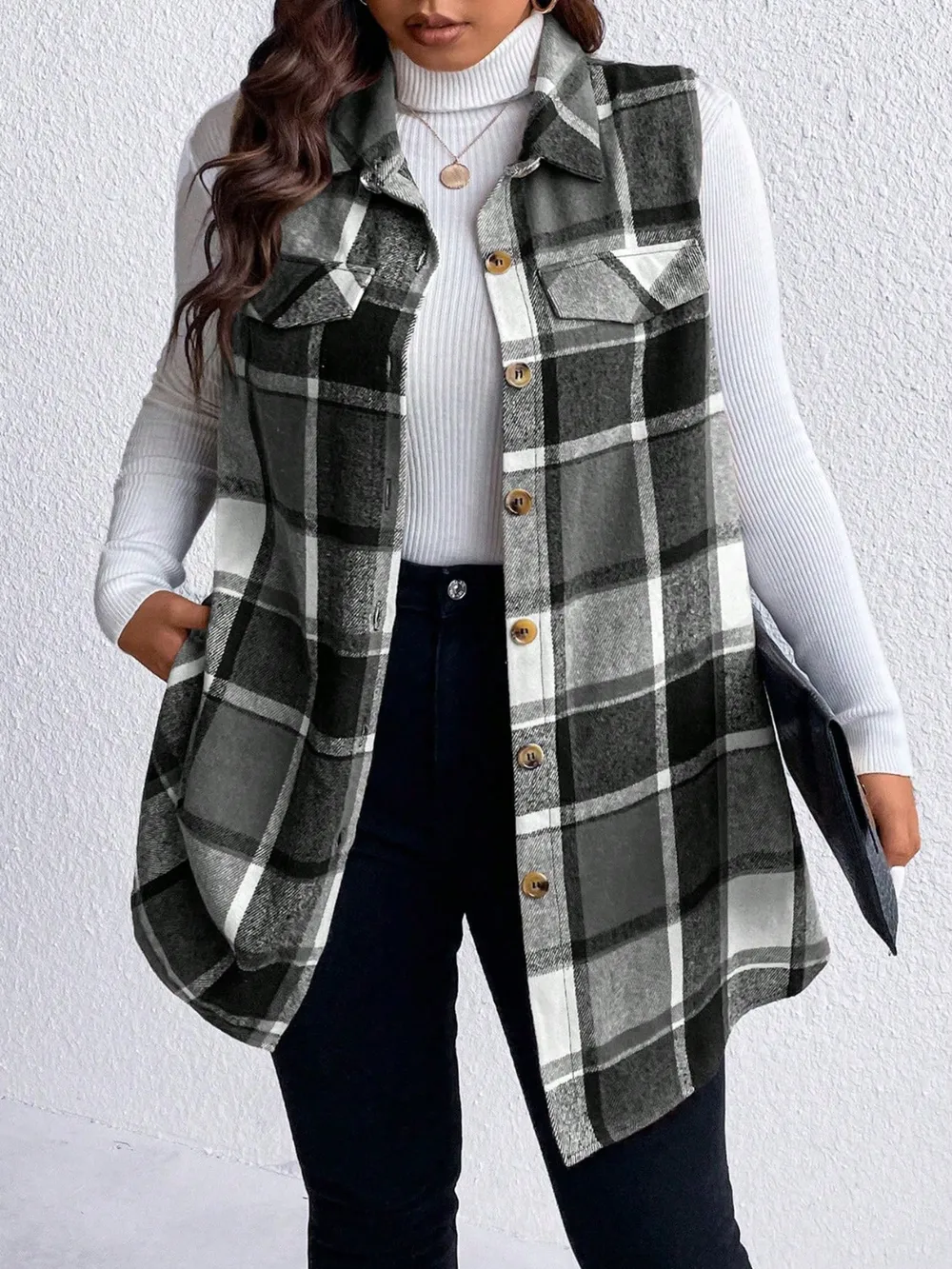 Plus Size Pocketed Plaid Button Up Vest Coat, image 15