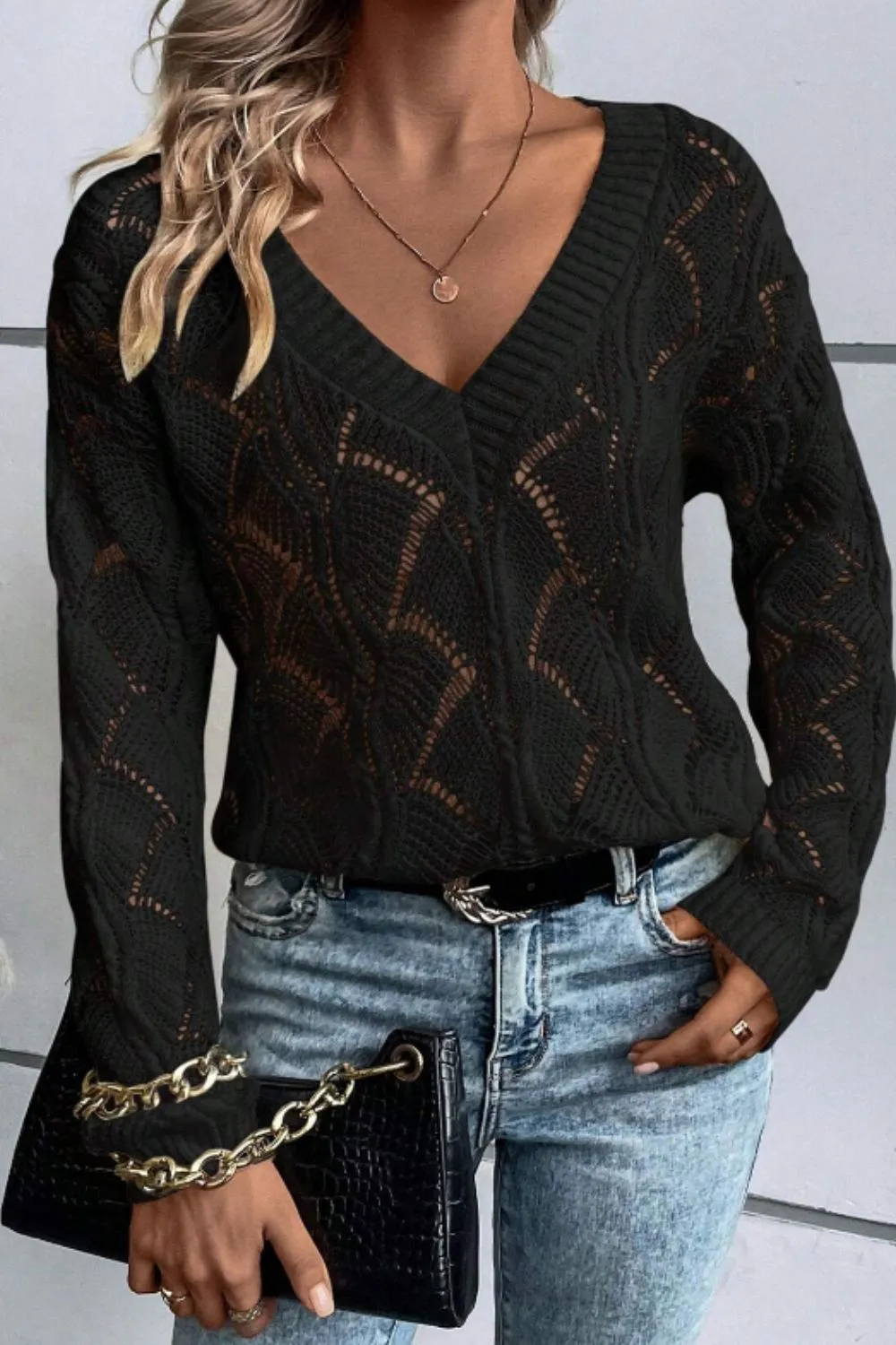 Openwork V-Neck Long Sleeve Sweater, image 11