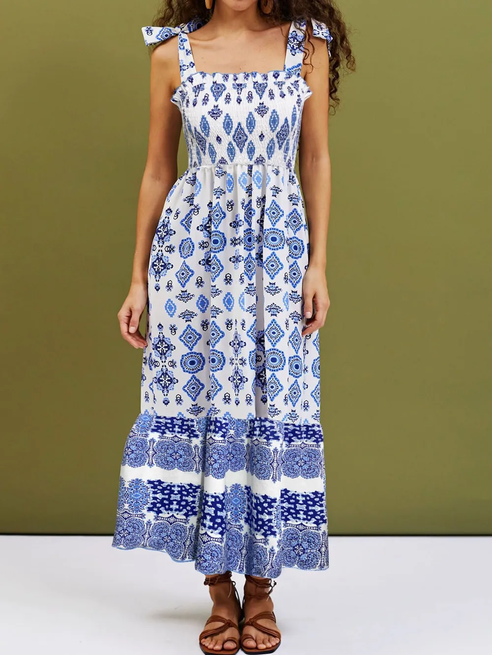 Smocked Printed Square Neck Cami Dress, image 2